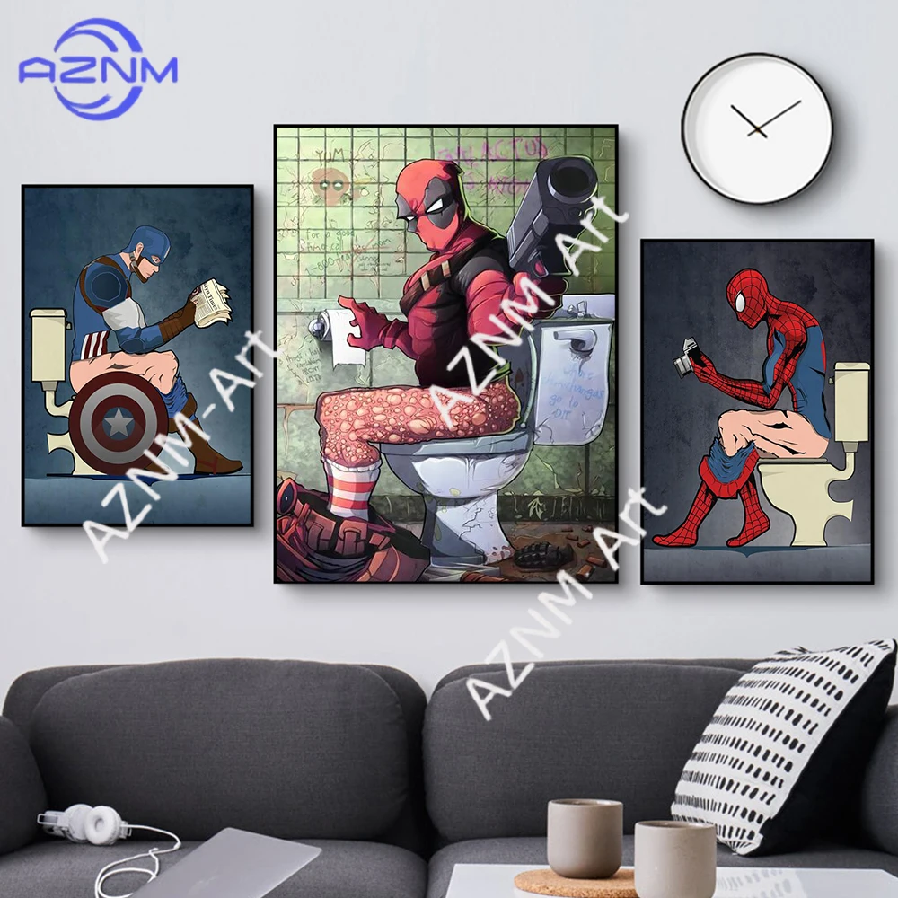 Canvas Painting Marvel Comics Avengers Funny Spiderman Deadpool Captain America Superhero Read Magazine In The Toilet Home Decor