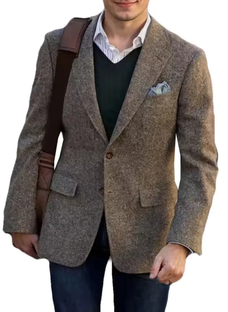 Men's Autumn/Winter Brown Herringbone Tweed Blazer Notch Lapel Two Buttons Business/Wedding Jacket Top for Prom Office Daily