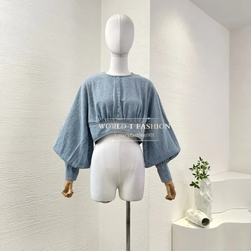 

2025 Navy Blue Denim Jeans Long Sleeve Blouse Tops