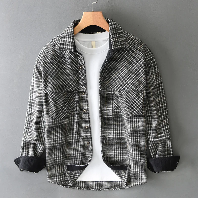 New Fall Winter Shirt Man Harajuku Retro Plaid Long Sleeve Shirts Man Lapel Double Pocket Casual Loose Woolen Shirt Thicken Tops