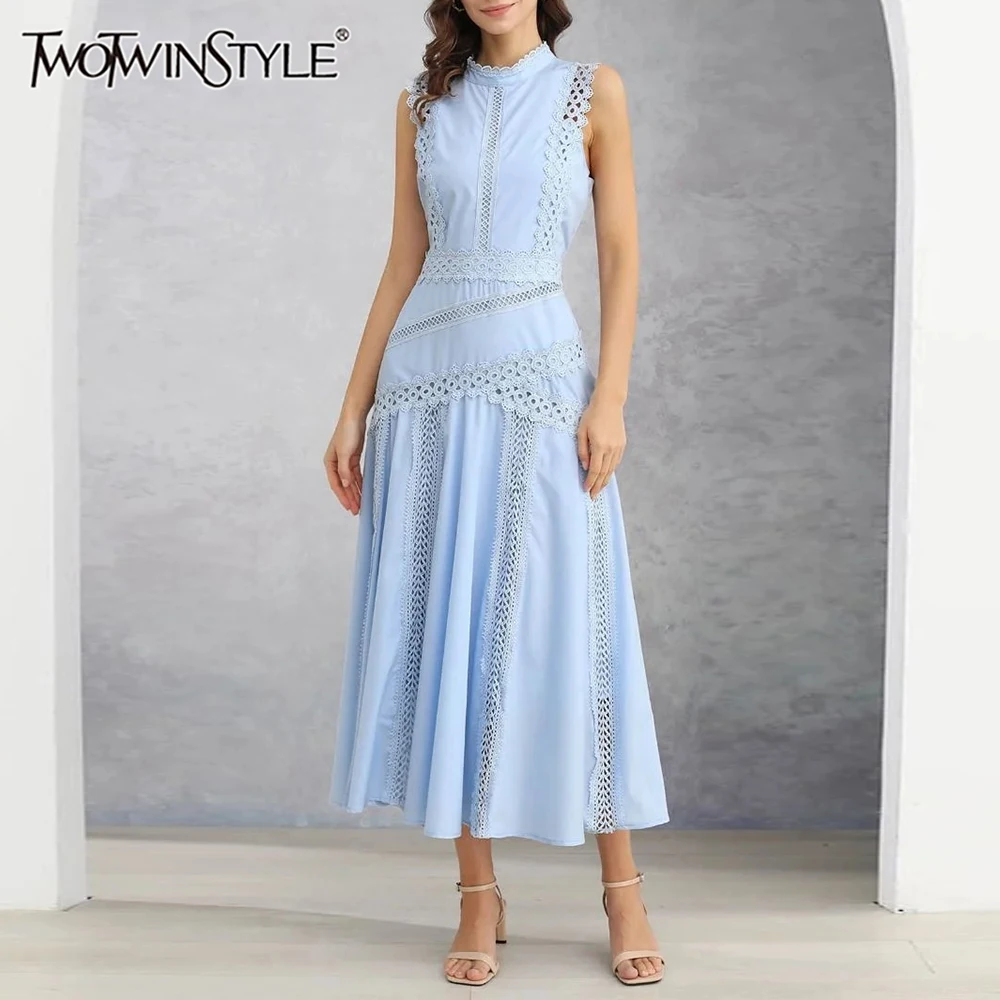 

TWOTWINSTYLE однотонное утягивающее кружевное платье для женщин с круглым вырезом без рукавов, лоскутное ажурное платье, женская одежда, новинка