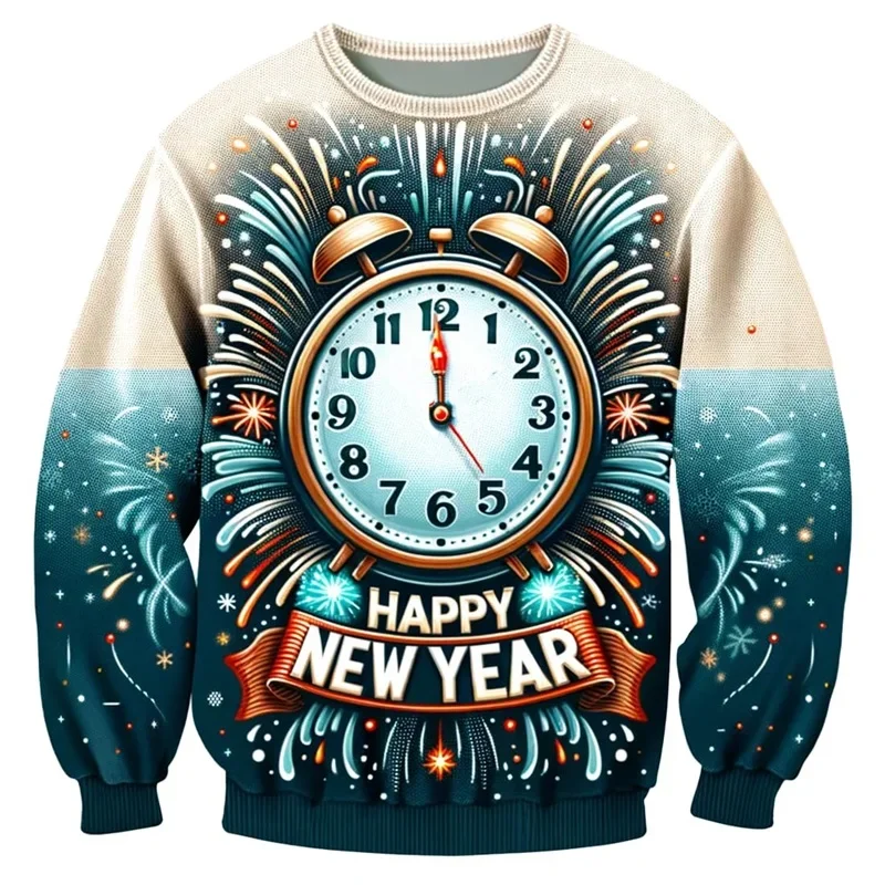 2025 سنة جديدة سعيدة البلوز للنساء الرجال ثلاثية الأبعاد طباعة عادية Crewneck السنة الجديدة بلوزات قبيحة جديد في الرجال هوديي الحفلات #5