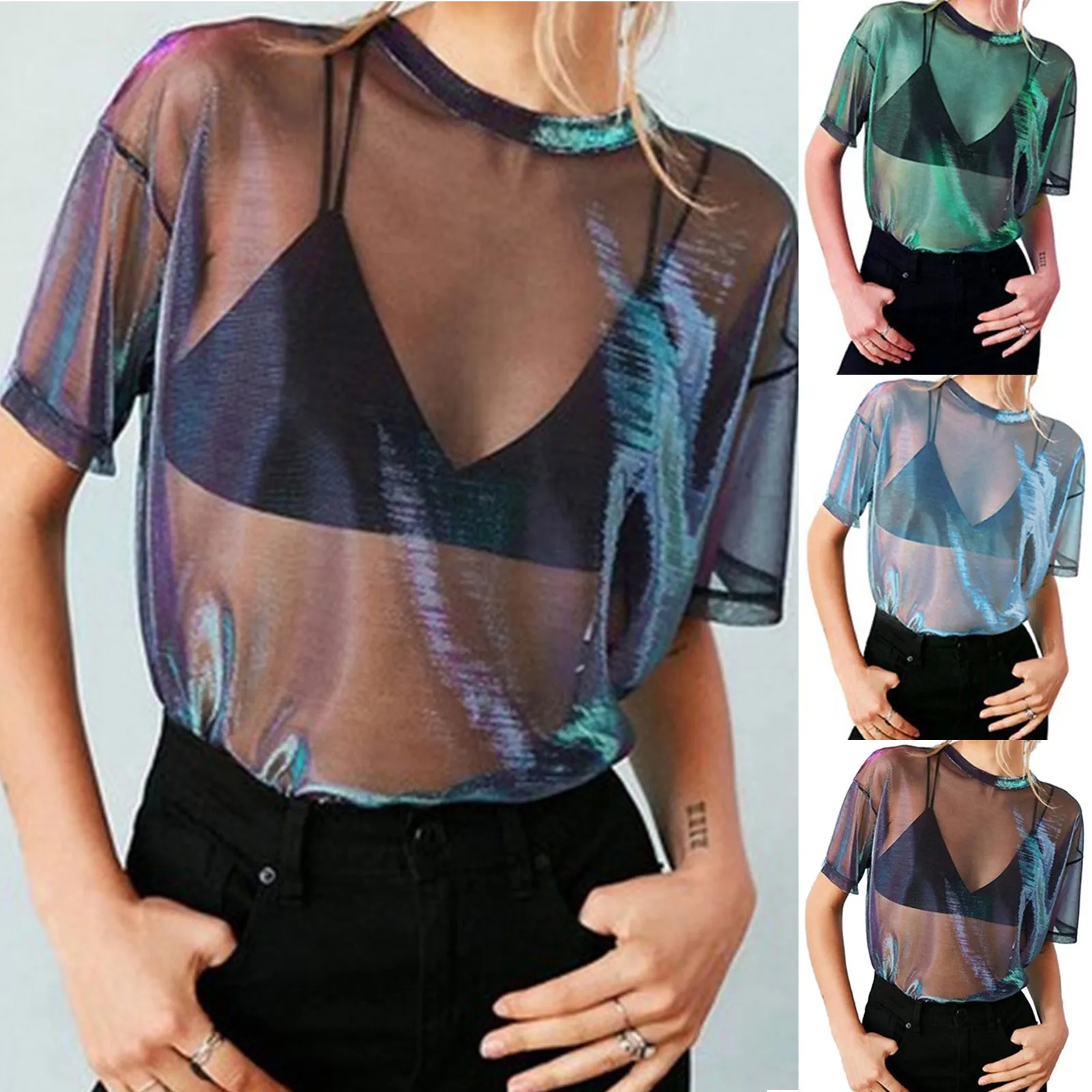 Women Sexy See-Through Mesh Blouse Casual Tops