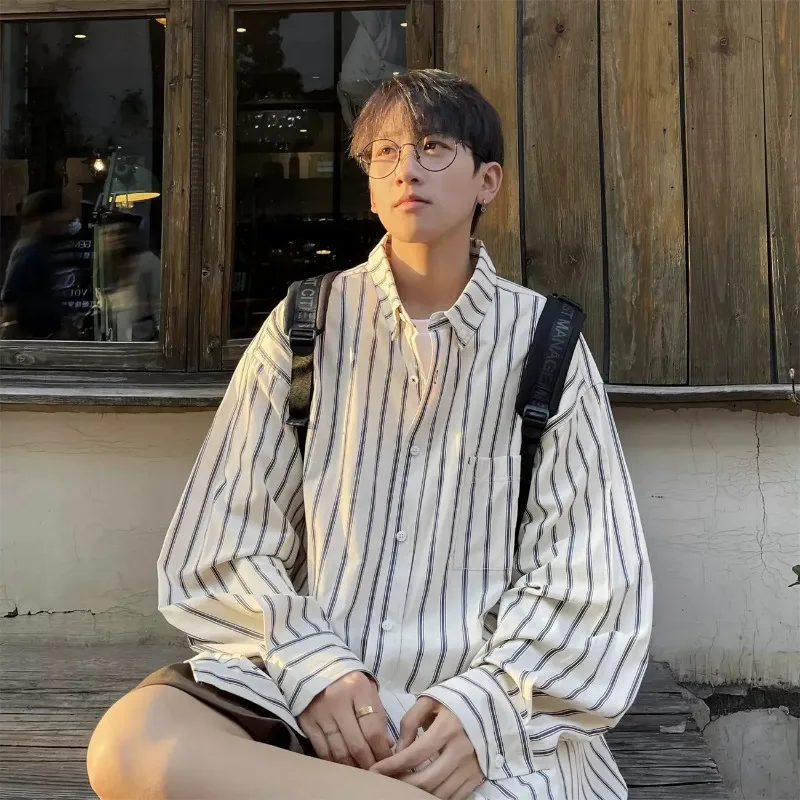 طية صدر السترة قميص مخطط ملابس رجالية قميص طويل الأكمام فضفاضة عارضة سترة سترة أزياء عارضة أعلى #1