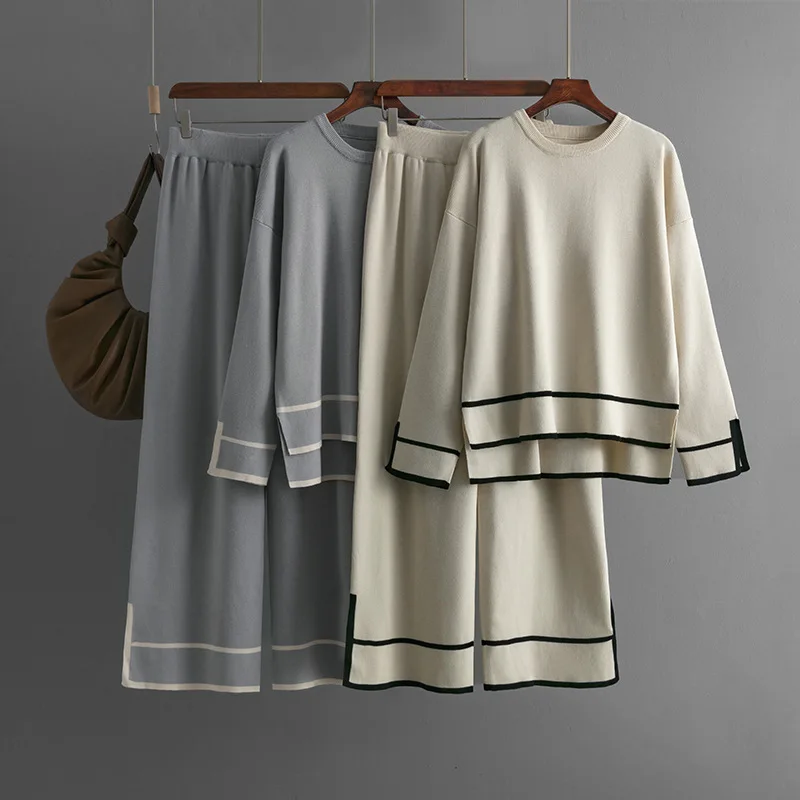 

Fashion Casual 2025 Autumn Winter Color Block Slit Long Sleeve Knit Top High Waist Wide Leg Pants Two-Piece Set