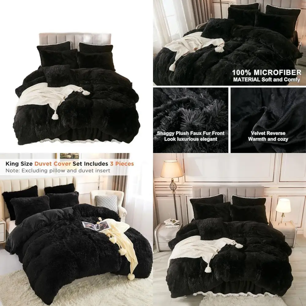 

Luxury King Size Black Faux Fur Duvet Cover Set with 2 Pillowcases, Plush Velvet, Zippered Closure
