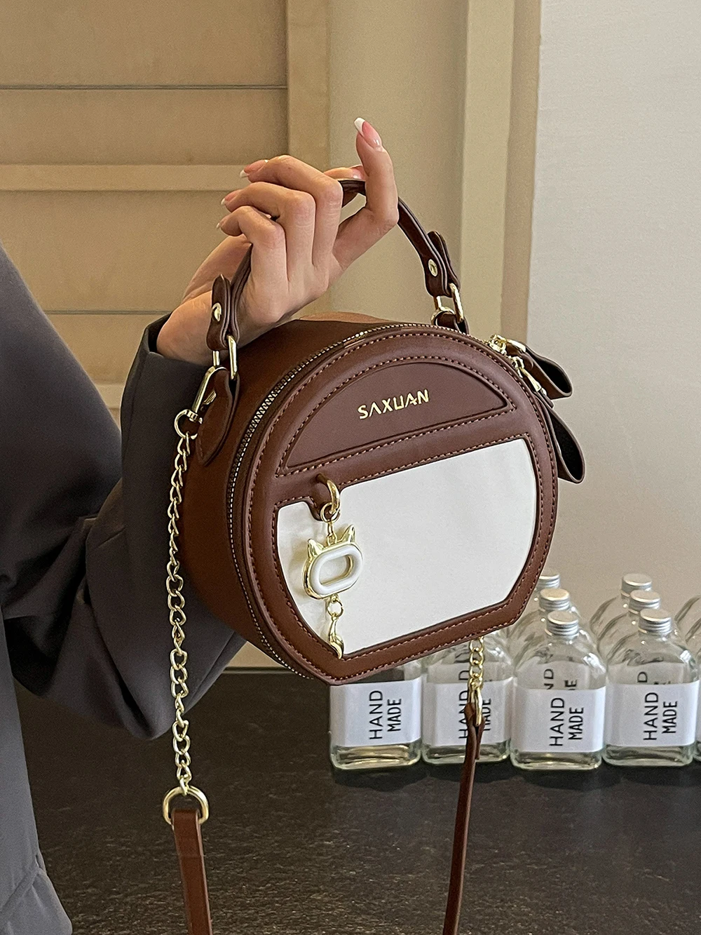 Contrast Color Round Bag Women Single Shoulder Bags 2024 New Exquisite Handbags Lady Commuter Phone Wallet Crossbody Bags