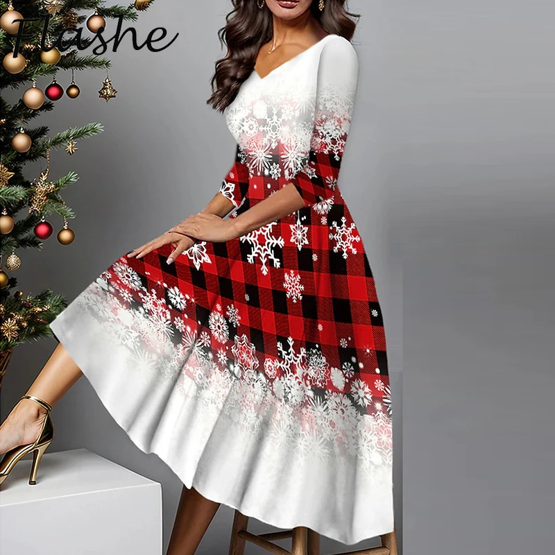 

Женское рождественское платье больших размеров, свободные длинные платья больших размеров с v-образным вырезом для женщин, вечернее платье с принтом, красный халат