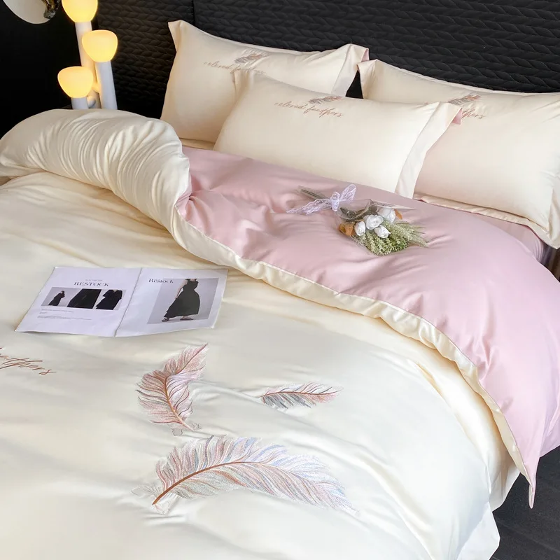 Skin Friendly Cotton Brushed Light Luxury Embroidery Four Piece Set Feather Duvet Cover Bed Sheet Bedroom Sleep Naked Bedding