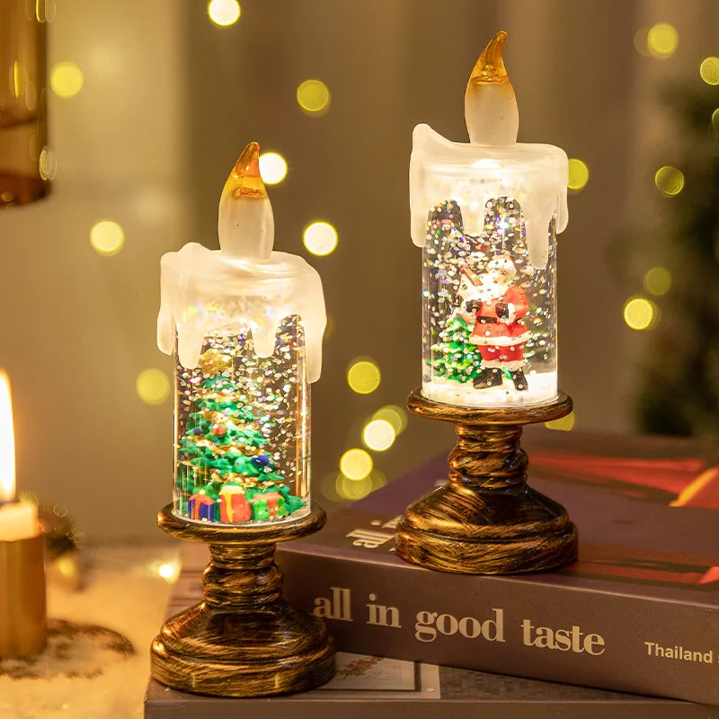 Christmas Glitter Snow Globe LED Flameless Candle Lamp Battery Powered Tabletop Xmas Decor Night Light Gift