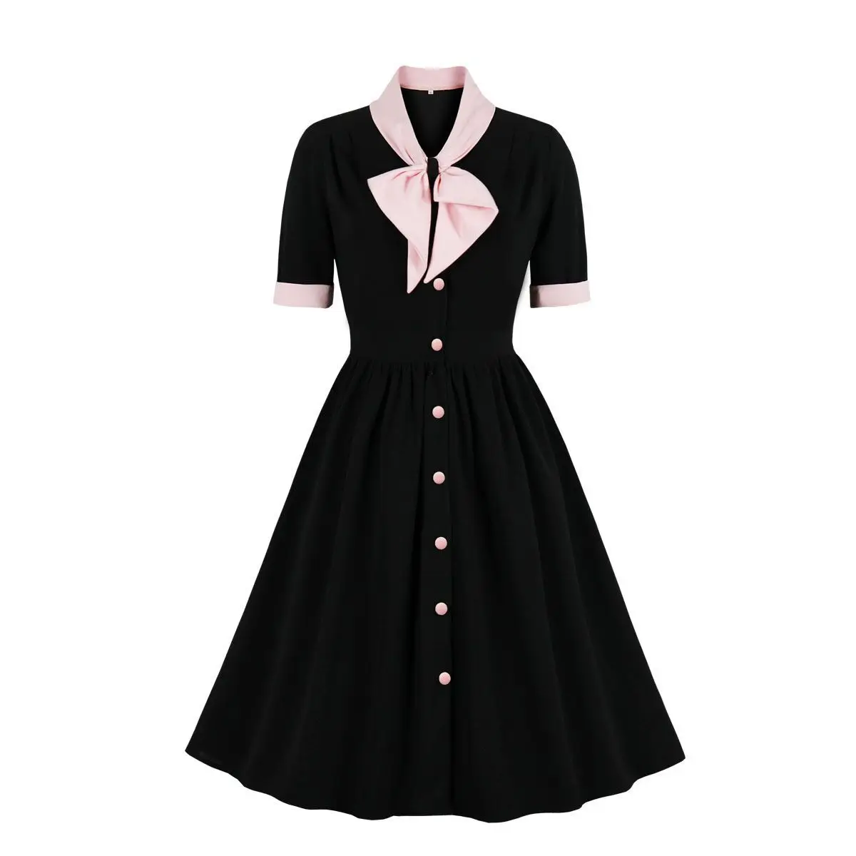 Women Vintage Bow Solid Dress Retro Rockabilly Elegant Cocktail Party 1950s 40s Swing Dress Summer Dress Short Sleeves