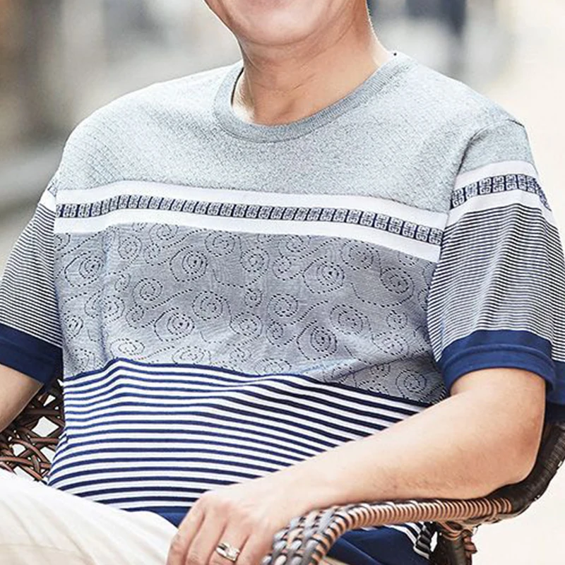 Men T-shirt Summer Round Neck T-shirt Short Sleeve O-Neck Striped Plus Size Loose Pullover Casual Vacation Party Tops