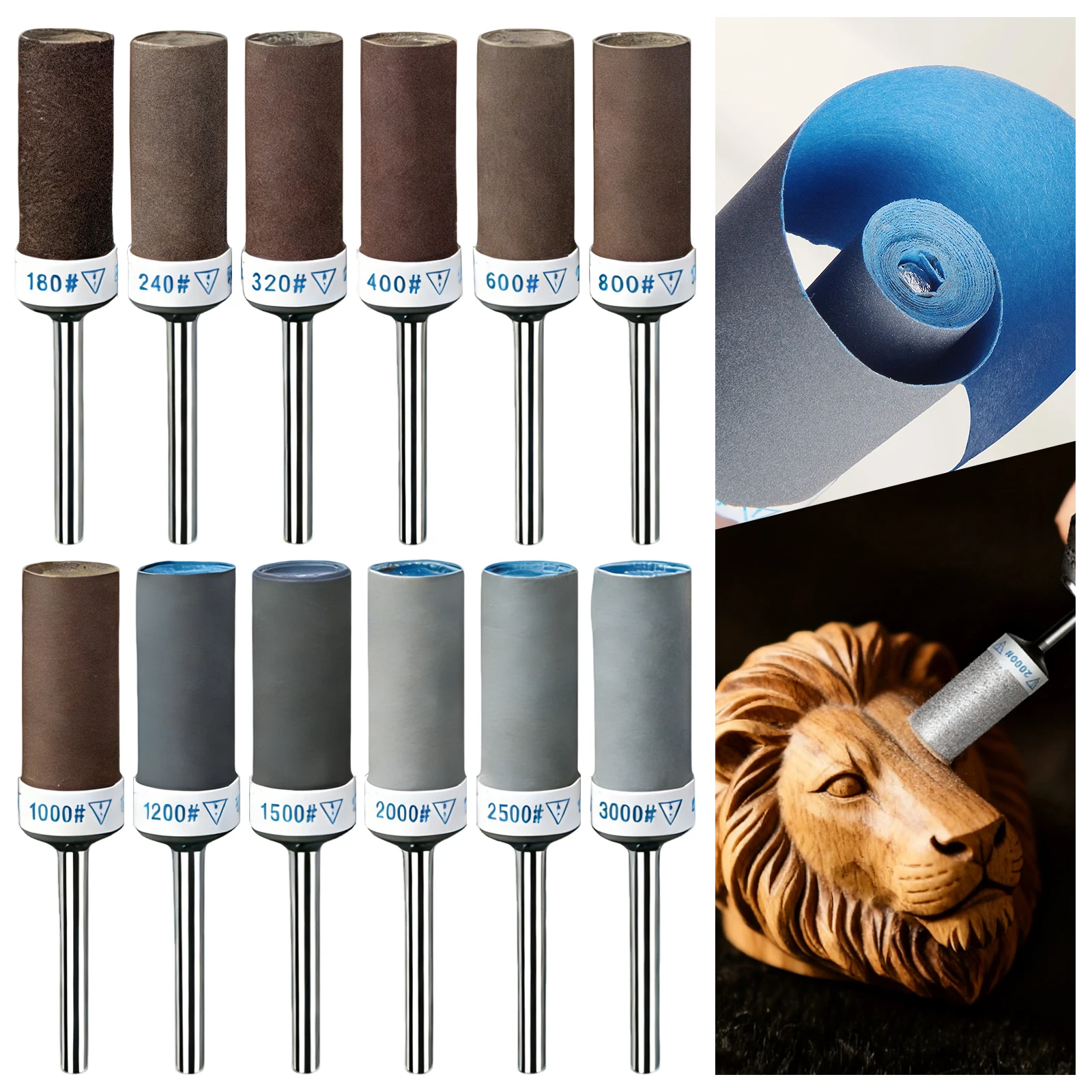 

12pcs Sanding Drum Set for Rotary Tools, 1/8" (3mm) Shank, 180-3000 Grit for Metal Rust Removal, Jade & Stone Polishing