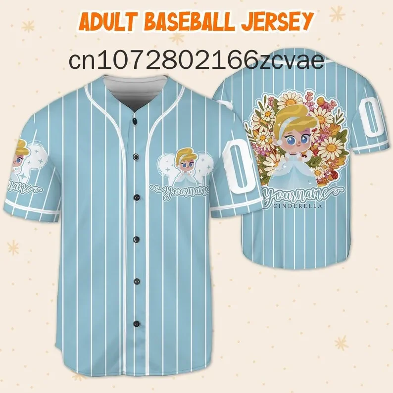 Disney Princess Cinderella Baseball Jersey Mens Women Custom Name Disney Baseball Uniform Casual Sports Shirt