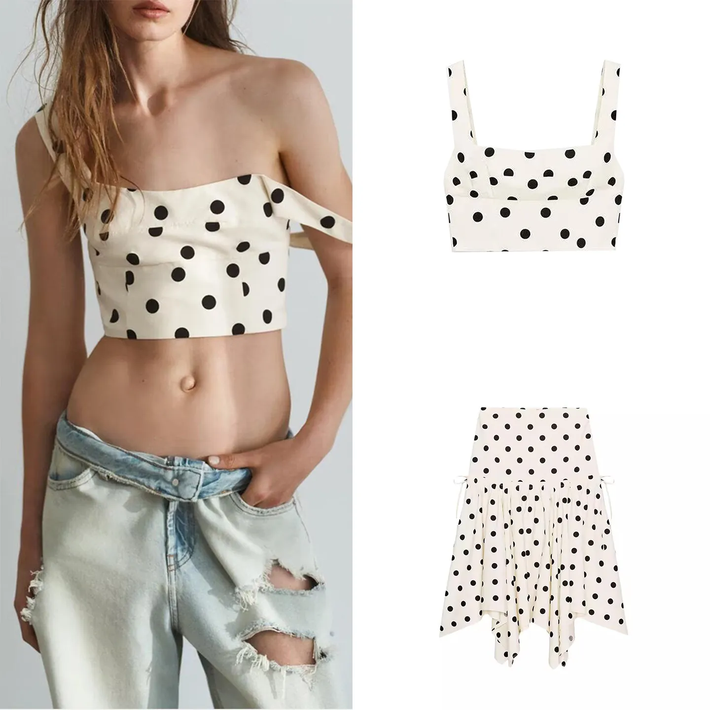 

Женский комплект весна 2026: модный клетчатый укороченный топ и юбка миди в горошек с квадратным вырезом