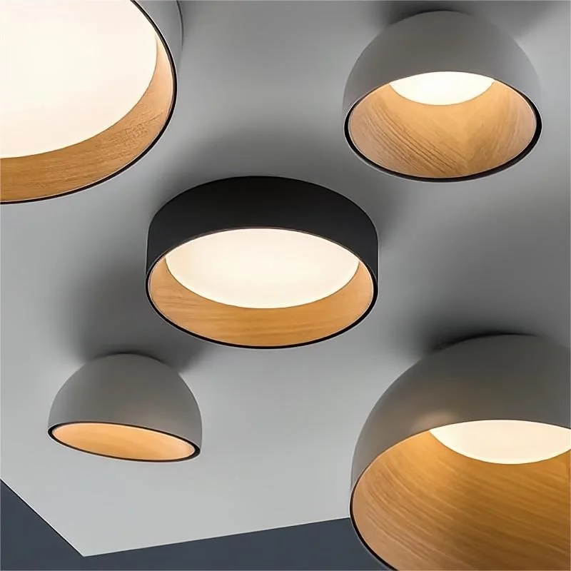 Japanese Minimalist Creative Wood Grain LED Ceiling Lights Half Round Moon Lamp Study Bedroom Lobby Entrance Lighting Fixtures