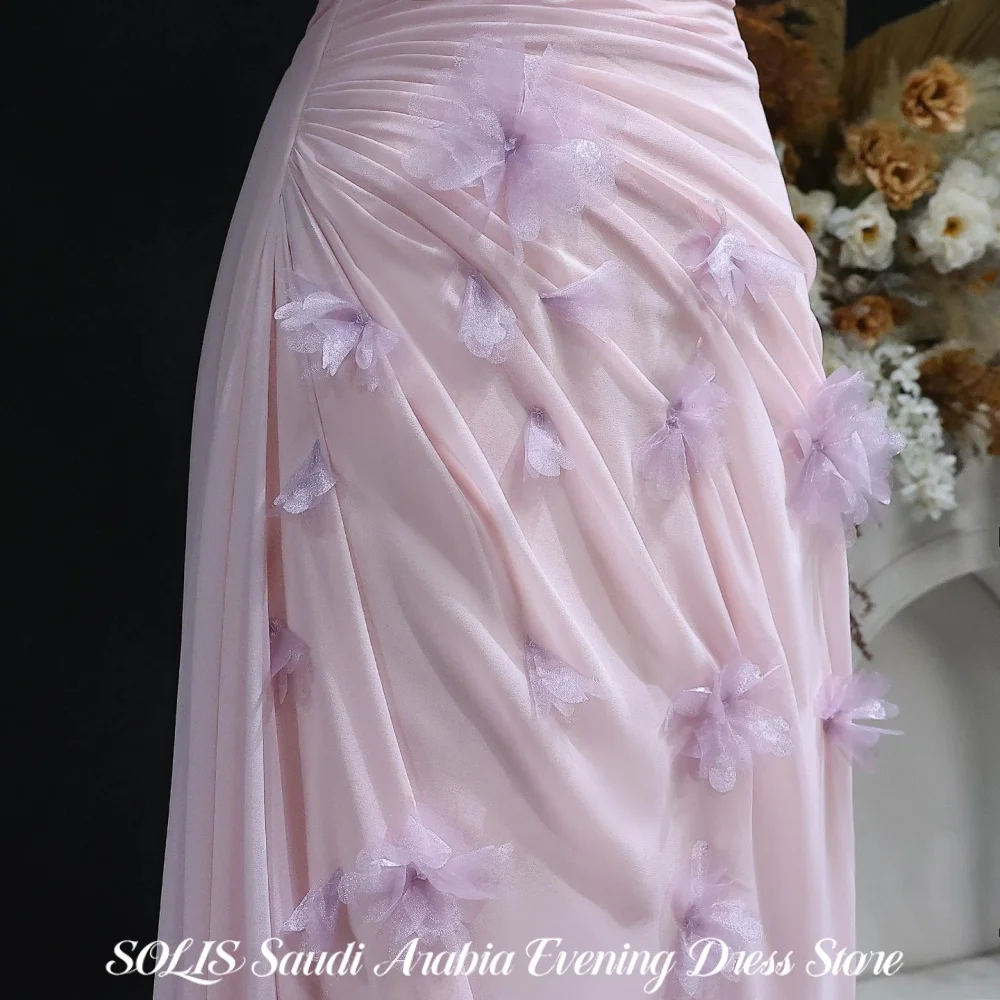 

SOLIS Pink Off-Shoulder Prom Dress Ruched Chiffon Evening Dress with 3D Floral Appliques Formal Occasion Gown Colors Customized