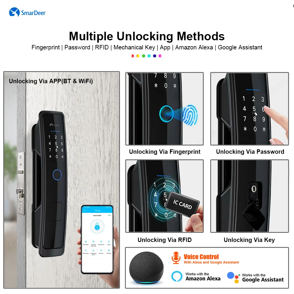 SmarDeer Electronic lock for TTLock smart lock with Alaxe and Google Assistant voice control Unlocking via Fingerprint/Code/RFID