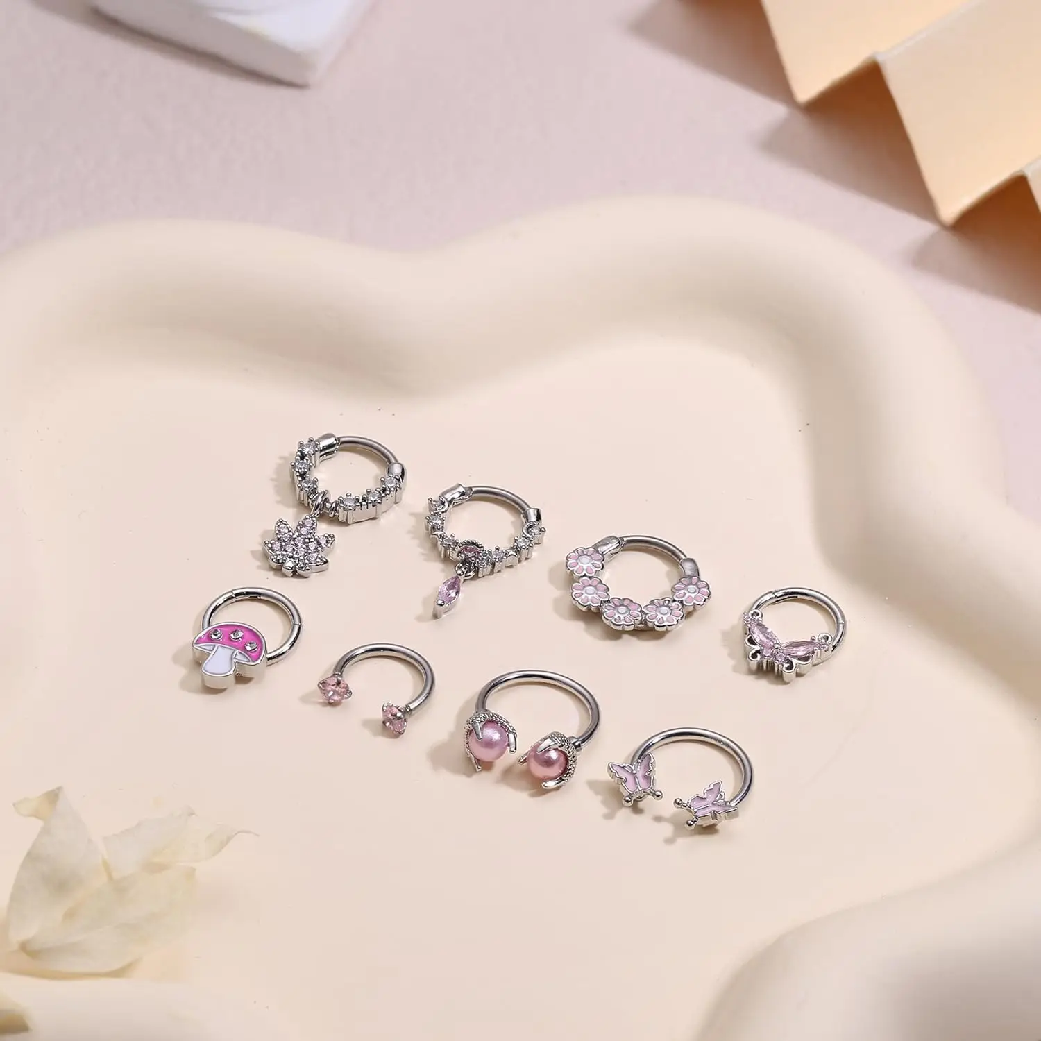 Drperfect 8 Stück Septum-Ringe 16G Chirurgischer Edelstahl Septum-Nasenringe für Frauen Rosa Septum-Piercing Clicker Nasenpiercing – Detail 5