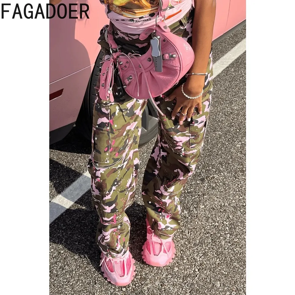 FAGADOER-Pantalones rectos con estampado de camuflaje para mujer, pantalón de cintura alta con bolsillos y botones, color rosa, Y2K, informal, deportivo, novedad