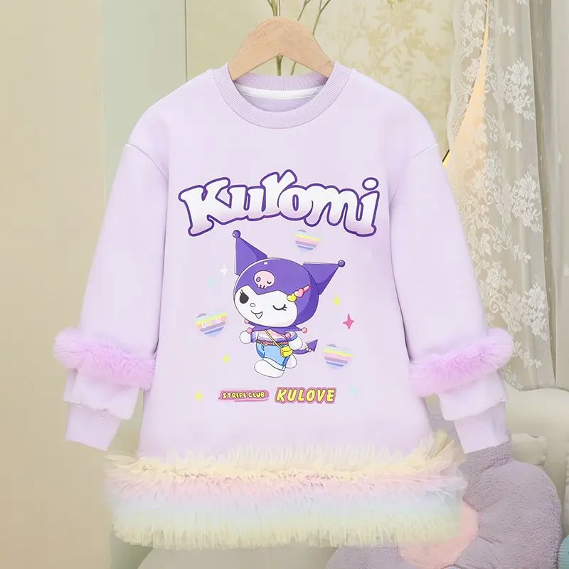 

Sanrio Kuromi My Melody флисовое платье с капюшоном для девочек, зимняя толстая толстовка с героями мультфильмов, теплая детская одежда, милая верхняя одежда для детей