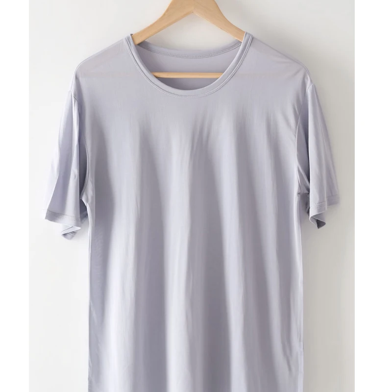 Birdtree 100%Real Silk T-shirt, Men Knitted Tops Comfortable Tee, Loose Casual O Neck Cultural Pure Color Man Pullover T37203QC