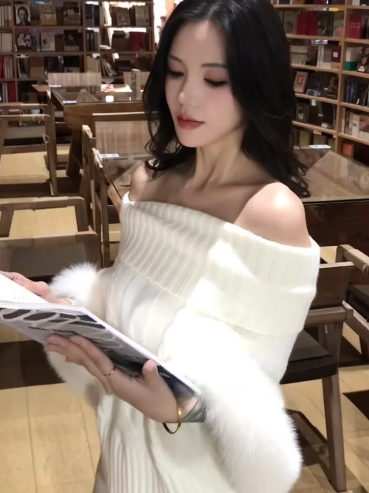 

Белый вязаный свитер с длинными рукавами для женщин: свободный крой, эффект стройности, осенне-зимний топ премиум-класса