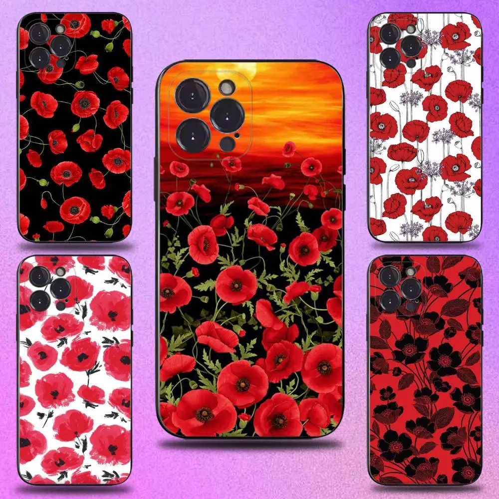 

Red Poppies flowers Phone Case For iPhone 16,15,14,13,12,11 Plus,Pro Max,XS,X,XR,SE,Mini,8,7,Soft Silicone Black Cover