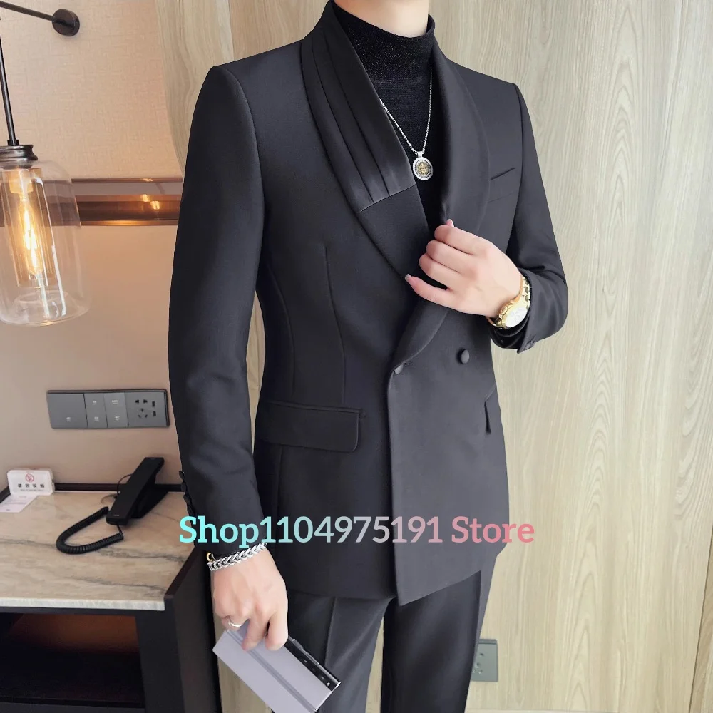 صدر مزدوج، ياقة شال، بدلة ترفيهية مرقعة، بدلة رجالية ضيقة مكونة من قطعتين. بدلة رجالية مكونة من قطعتين (سترة + بنطلون) #4