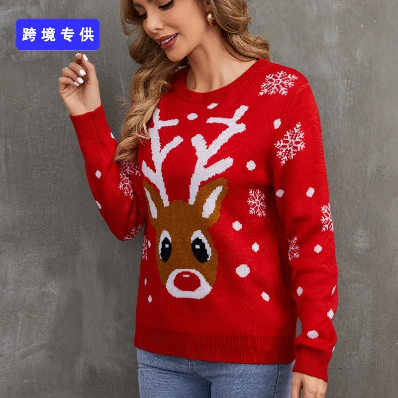 Red Christmas Knitted Sweater Women\'s Round Neck Hoodie Long Sleeve Elk Snowflake Cartoon Pattern Sweater Autumn New Item 2024