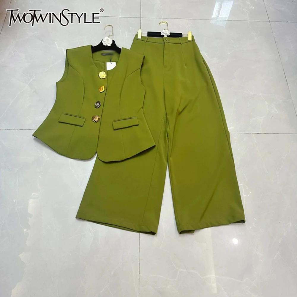 

TWOTWINSTYLE повседневные однотонные утягивающие комплекты из двух предметов для женщин, топ без рукавов с круглым вырезом, брюки с высокой талией, шикарный женский комплект KSE547262