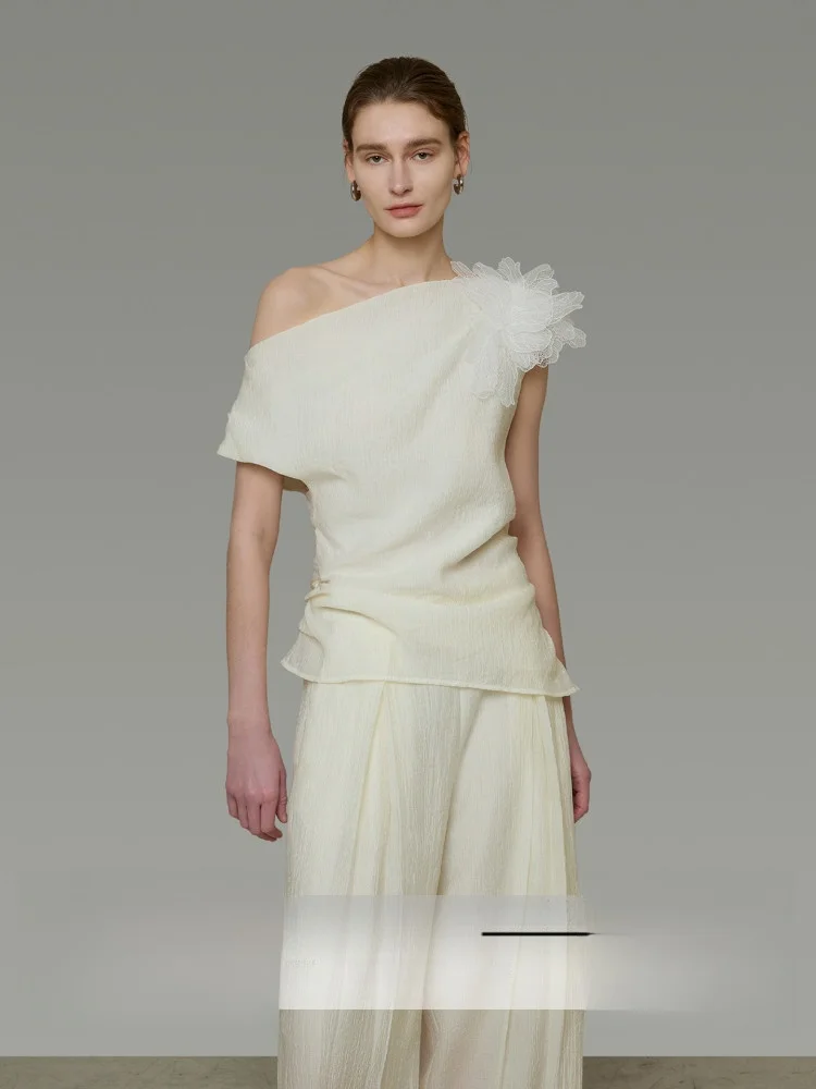 

White Off-Shoulder Shirt Women's High-End Design Sense Slimming Head Design Simple Style Short Sleeve Overhead Dress Shirt