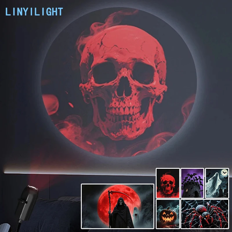 LED Halloween Projector Light USB Powered 6 Scary Patterns Skull Ghost Spider Pumpkin Atmosphere Lamp for Christmas Halloween