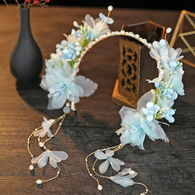 Blue Hanfu Fairy Headdress Pearl Flower Tassel Buyao Headband Lolita Girls Hairpin Hair Accessories Princess Headwear Hair Hoop