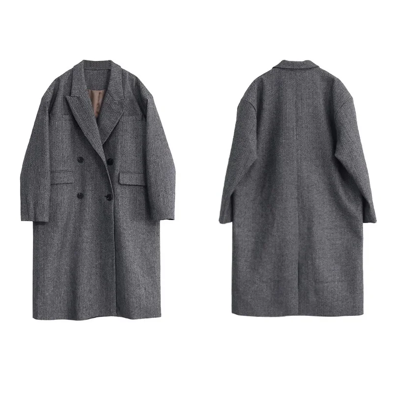 [Spot] High-end light luxury wool coat medium and long shoulder silhouette gray woolen coat women