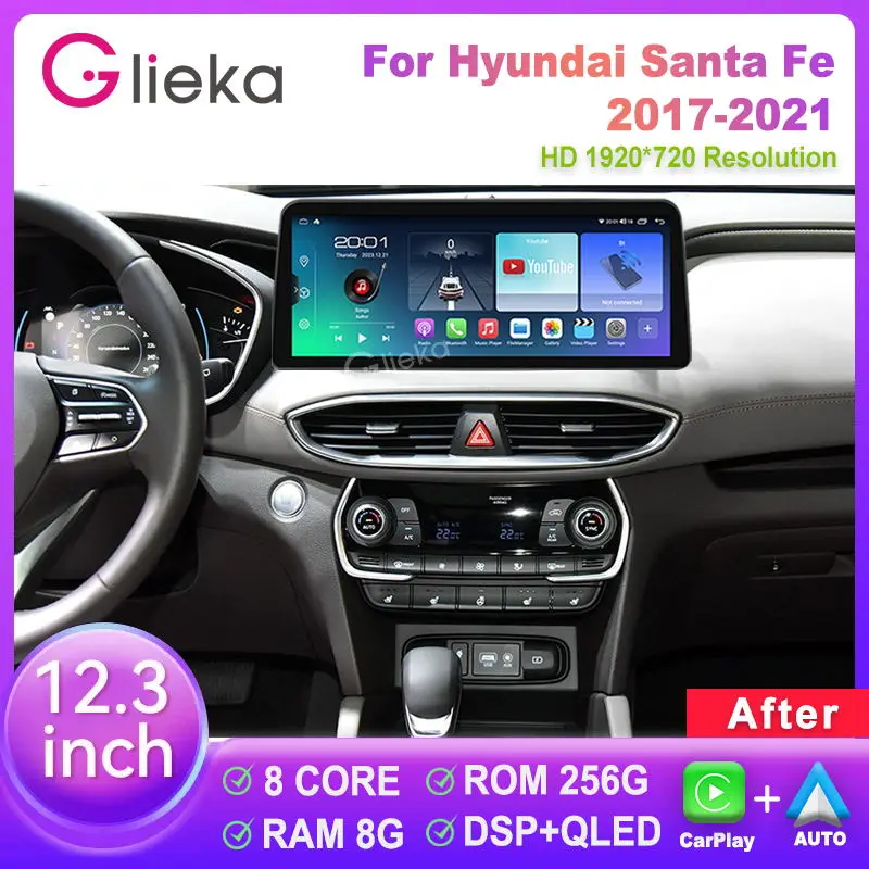 

12,3 дюймовый QLED DSP Android 13 для Hyundai Santa Fe 2017 2018 2019 2020 2021 Восьмиядерный автомобильный стерео GPS радио с экраном 1920*720P