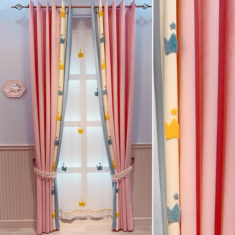 

Nordic Minimalist Curtain for Bedroom Children's Room Window Screen Embroidered Yarn Girl Heart Blackout Pink Light Blue Curtain