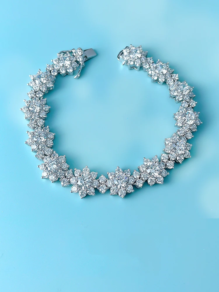 

Модные ювелирные изделия из чистого серебра пробы, роскошный браслет из парчового кластера с имитацией бриллианта в форме цветка, браслет с бриллиантами