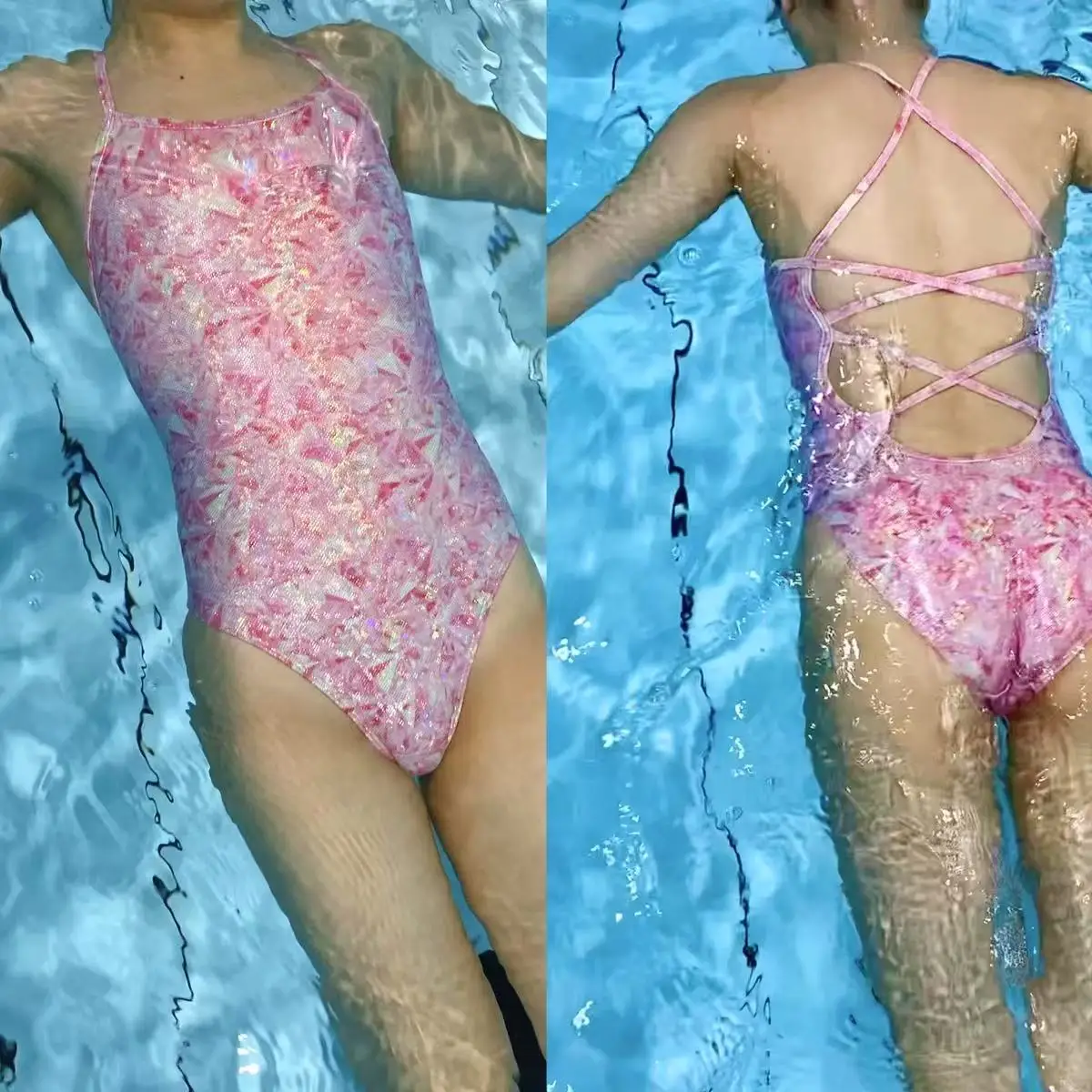 

Sparkling Compact Dazzling Women One-piece Swimsuit Swimwear Lovely Pink Beautiful Beach Bikinis Young Women Water Sports Korean