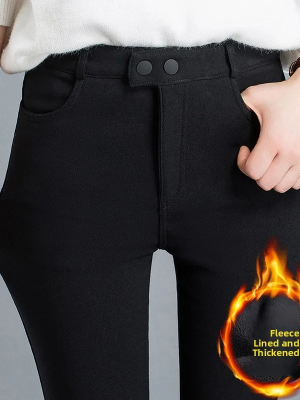 High Waist Thin Black Pants Women's Fleece Lined Slimming Leggings Autumn Winter Casual Long Trousers Elastic plus Size