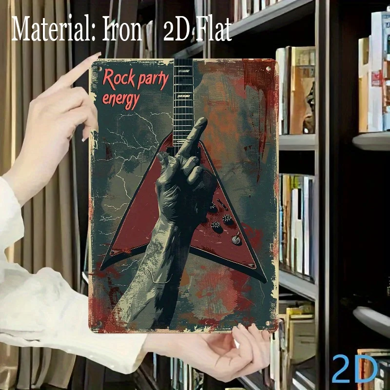 Rock Style Electric Guitar and Hand Gesture Pattern Iron Metal Sign, , Presented in Watercolor Splatter Art, Full of Energy and