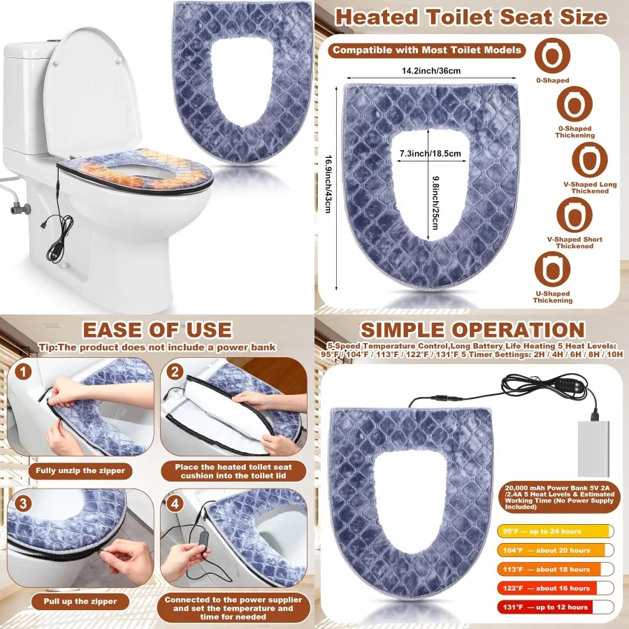 

Plaid Heated Toilet Seat Cover USB Powered for Bathroom Comfort with 5 Adjustable Temperature and Timing Settings Soft Plush Fa