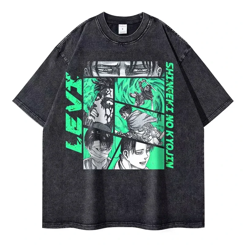 Eren Jaeger 2D T-shirts Vintage Washed Anime T-Titan A-Attack T Shirt Manga Shingeki no Kyojin Levi Mikasa Short Sleeve Tops image 4