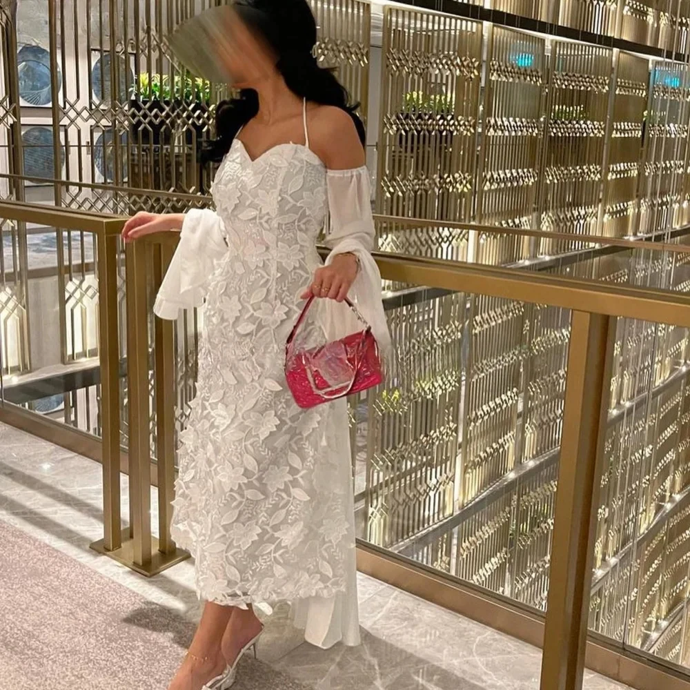 

Prom Dress White Applique Party Gown Women Sweetheart Evening Formal Saudi Arabia Long Sleeves Vestido De Fiesta فساتين السهرة