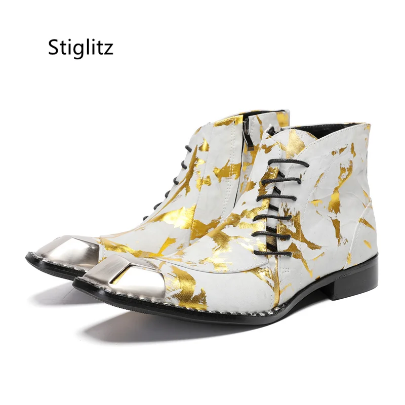 Prints Graffiti Square Toe Ankle Boots for Men Genuine Leather Lace Up Men's Boots Street Style Metal Toe Party Catwalk Shoes