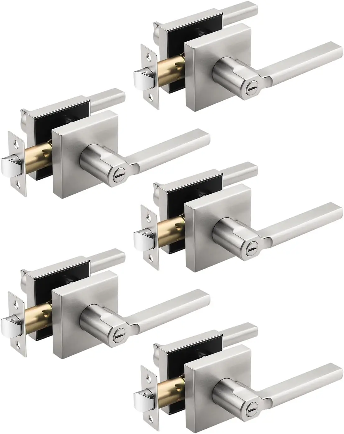 

5 Pack Square Privacy Door Levers with Brushed Nickel Finish, Keyless Interior Handles for Bed/Bath, Reversible for Left/Right