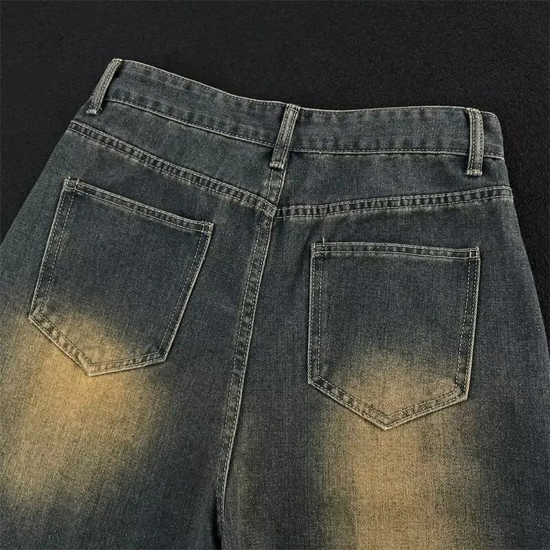 Celana Jeans Pria Vintage Gradasi High Street 2025 Musim Semi Gugur Gaya Amerika Longgar Lurus Dicuci Distressed Lebar