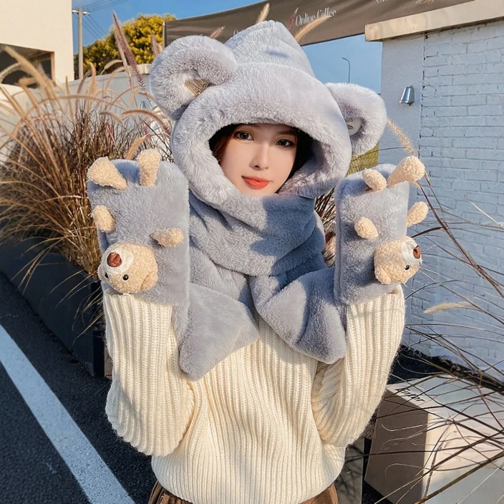 厚みのある帽子スカーフ手袋セットフリース裏地と厚みのある冬暖かい女性ビーニーキャップかわいいクマの耳一体型キャップスカーフ