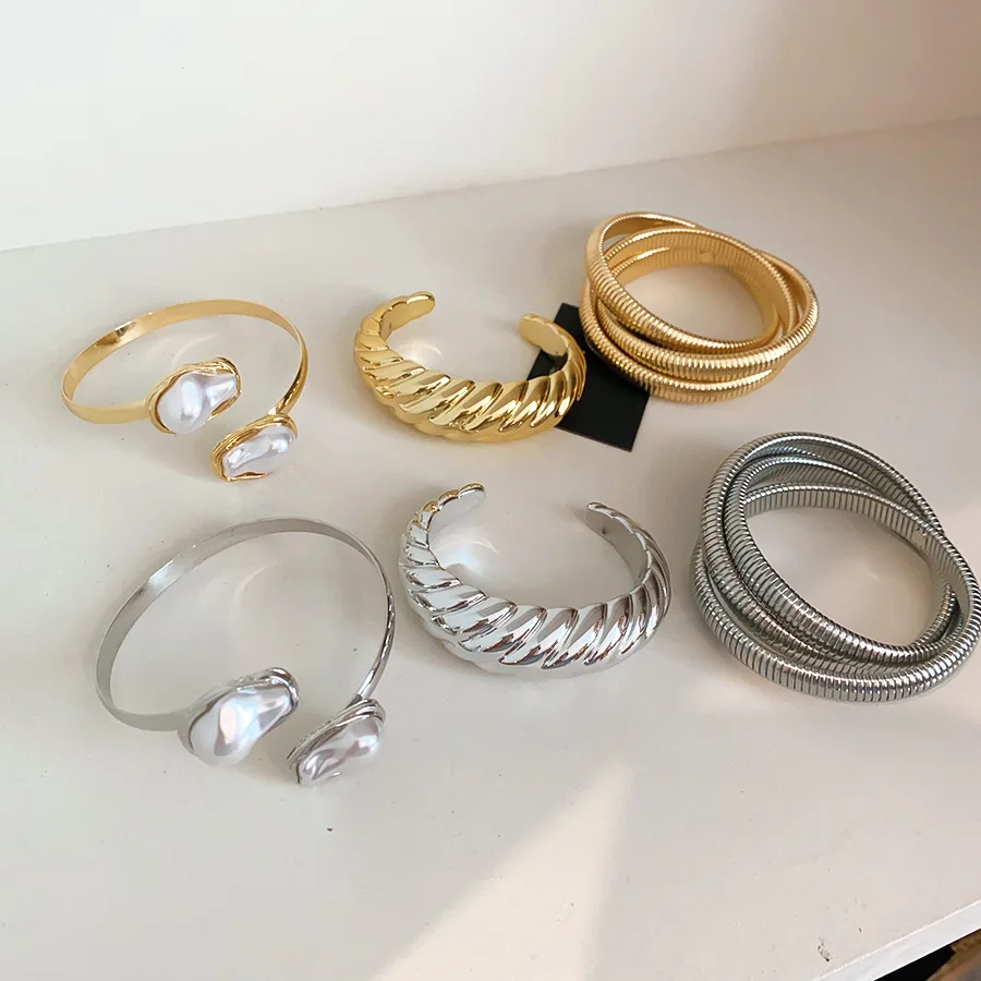 3 Pcs/set Twisted Rib Wide Open Bangles Women MenCross Snake Chain Cuff Bracelets Baroque Imitation Pearl Stackable Jewelry K