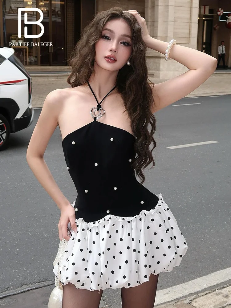 

PB Chic Black and White Lace-up Halter Corset Mini Dress with White Polka-Dot Ruffled Skirt For Stylish Outings & Party Evening